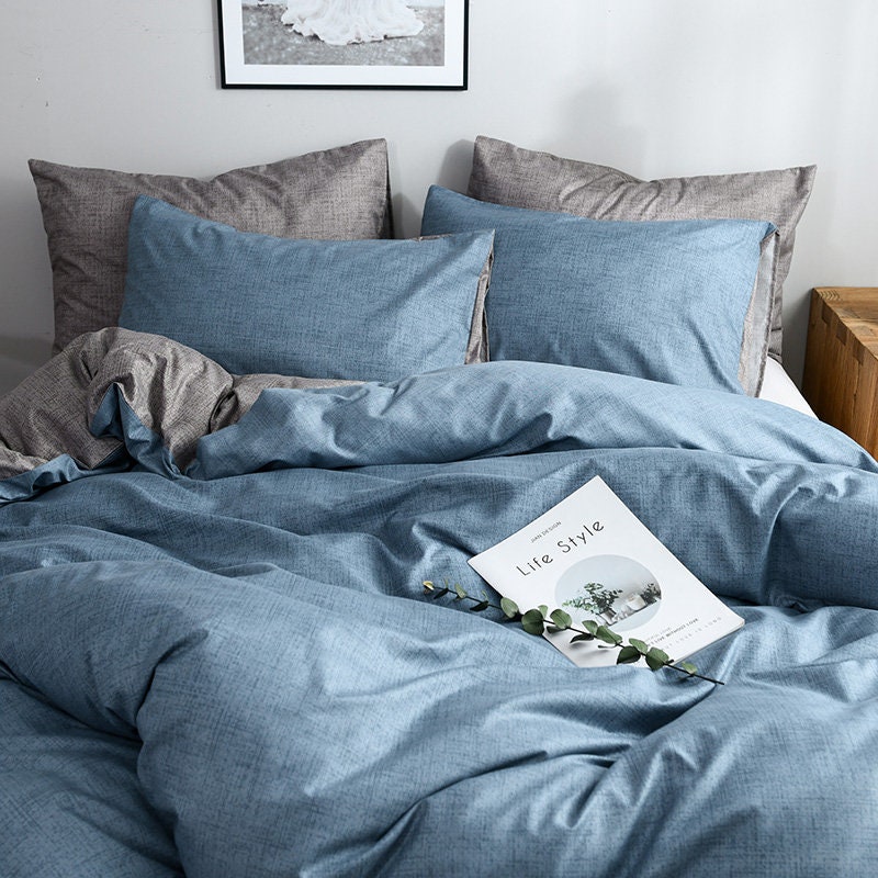 3 Pieces Blue Grey Chambray Duvet Cover Set King Size Modern Etsy
