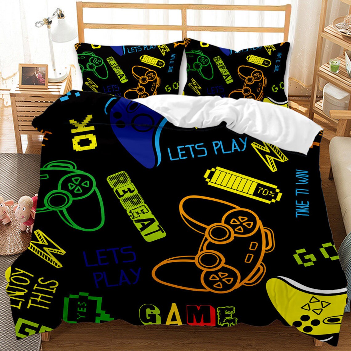 Gaming Comforter Cover King Size Black Gamepad Bedding Set Kid Etsy