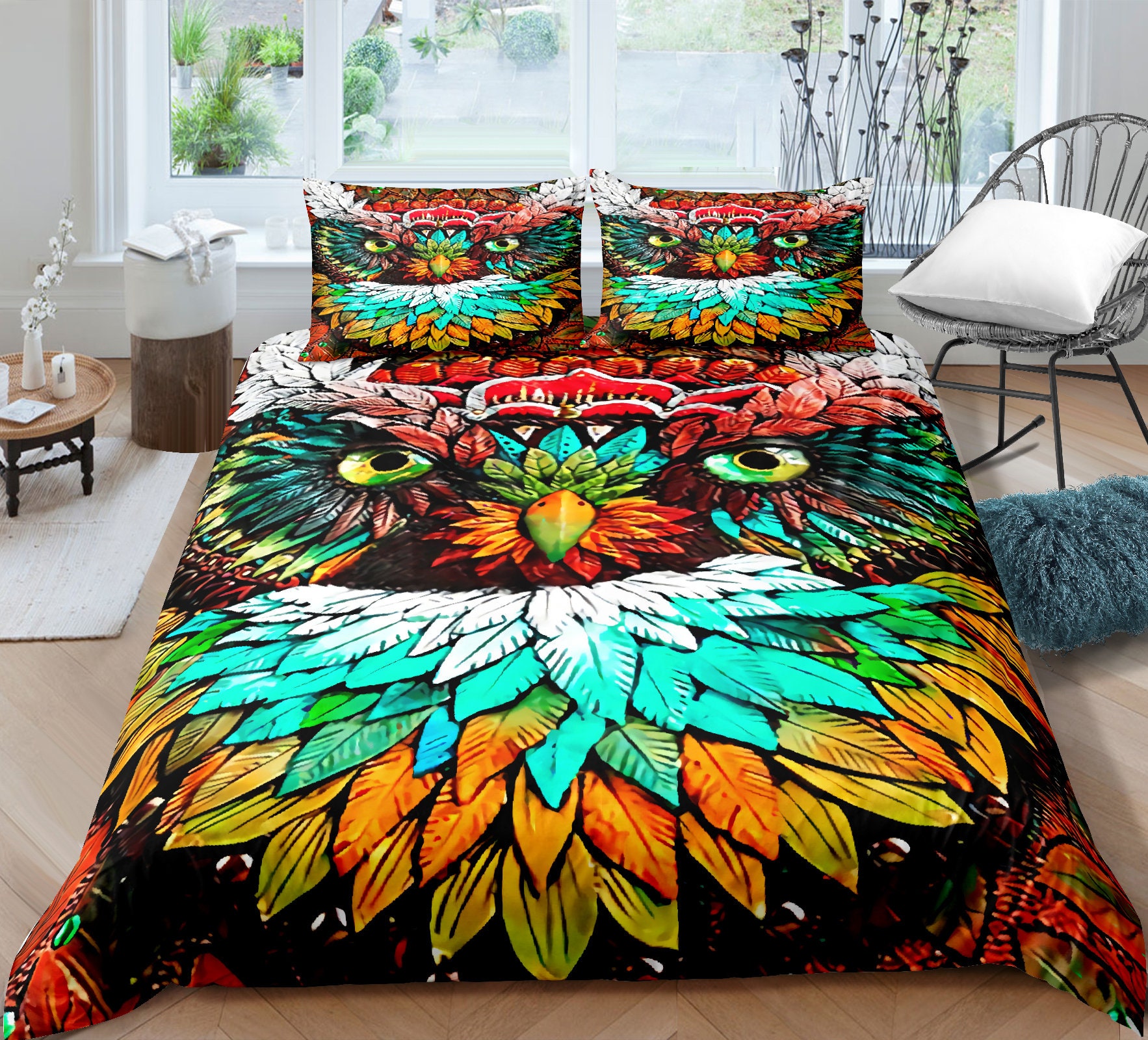 Owl Duvet Cover Set Cartoon Owl Bedding Set Twin Size Mandala Etsy