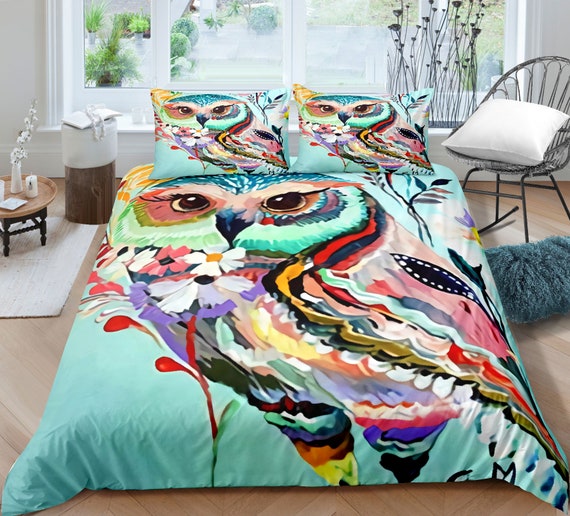 Owl Duvet Cover Set Cartoon Bedding, King Size Owl Bedding Set