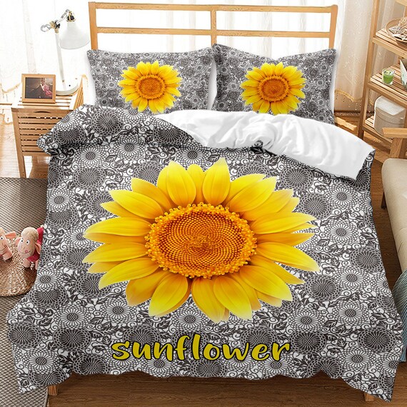 Yellow Sunflower Duvet Cover Set Queen Bohemian Grey Yello Etsy