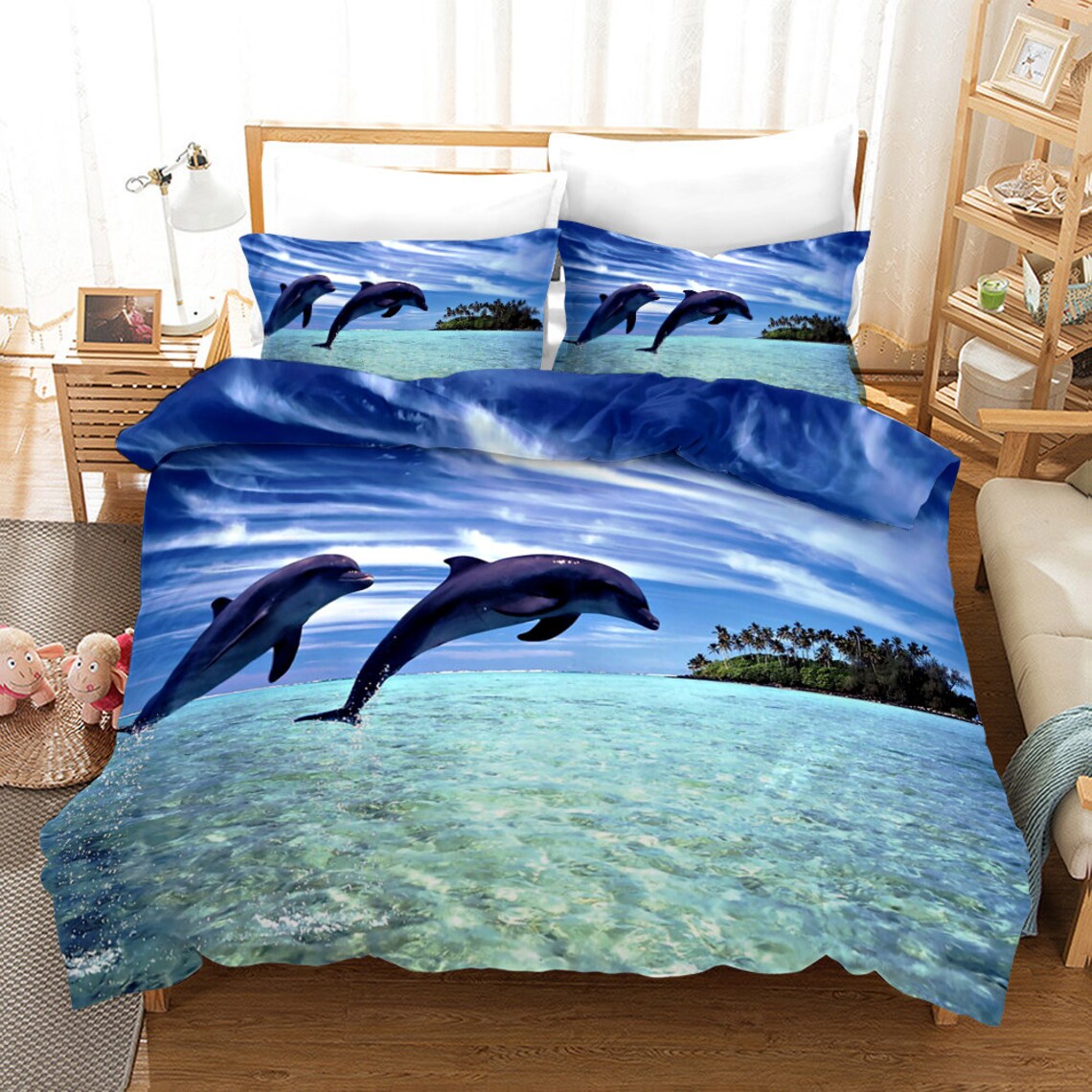 Dolphin Jumping Bedspread King Ocean Dolphin Bedding Duvet Etsy