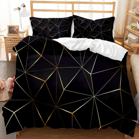 Black Duvet Cover King Plaid Marble 