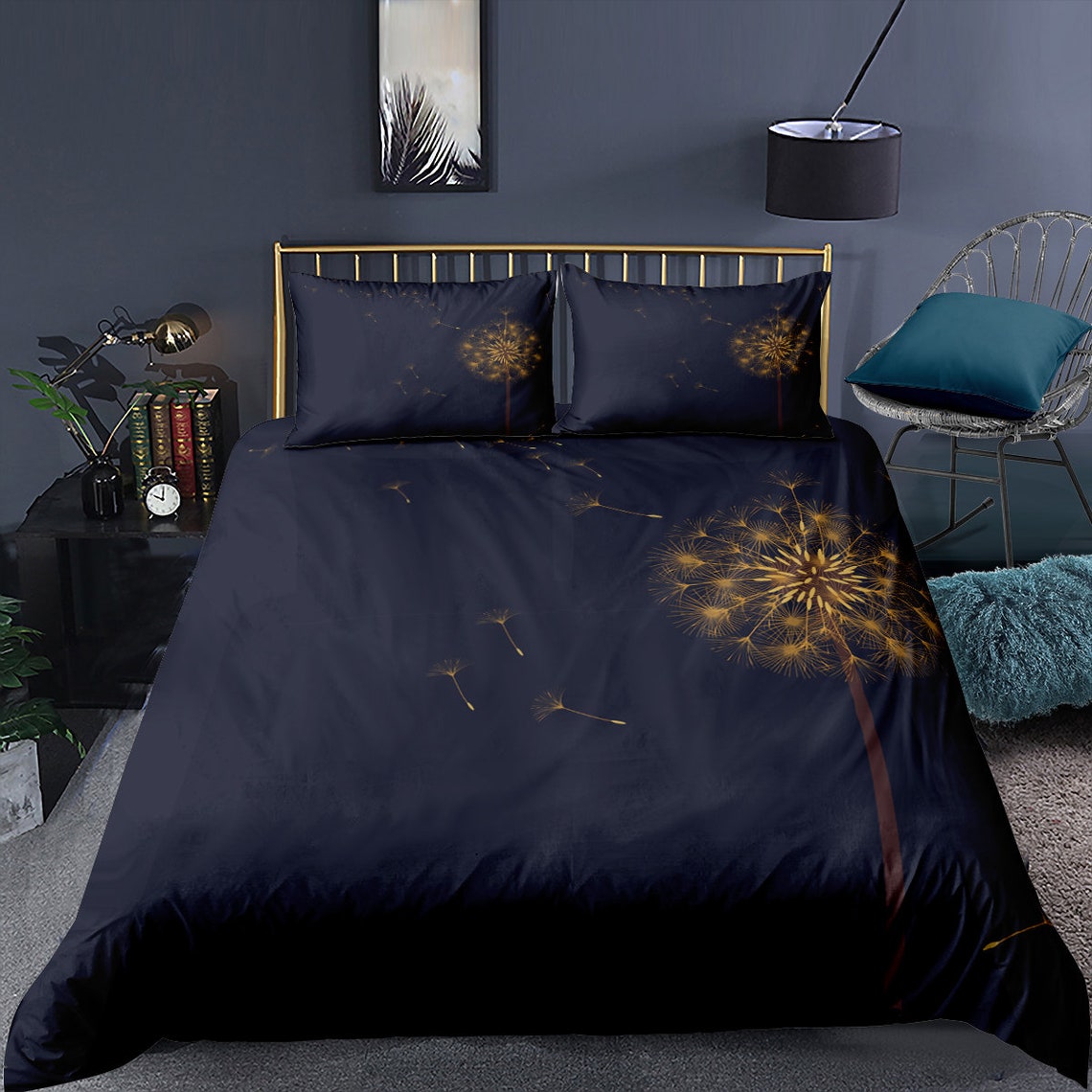 Dark Blue Duvet Cover King Botanical Bedding Light Grey Etsy