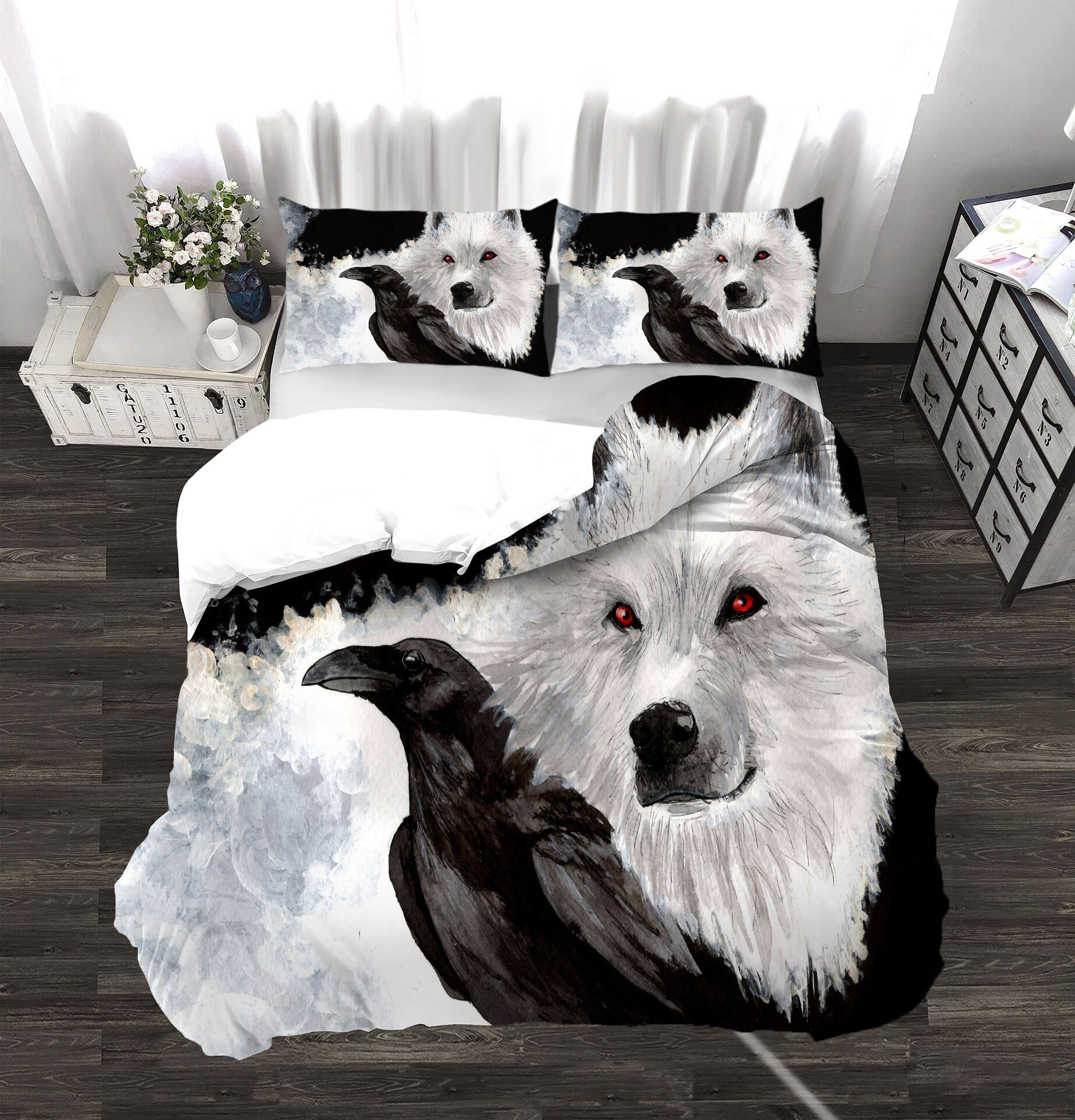 White Wolf Head Animal Print Duvet Cover Matching Pillow Black Etsy