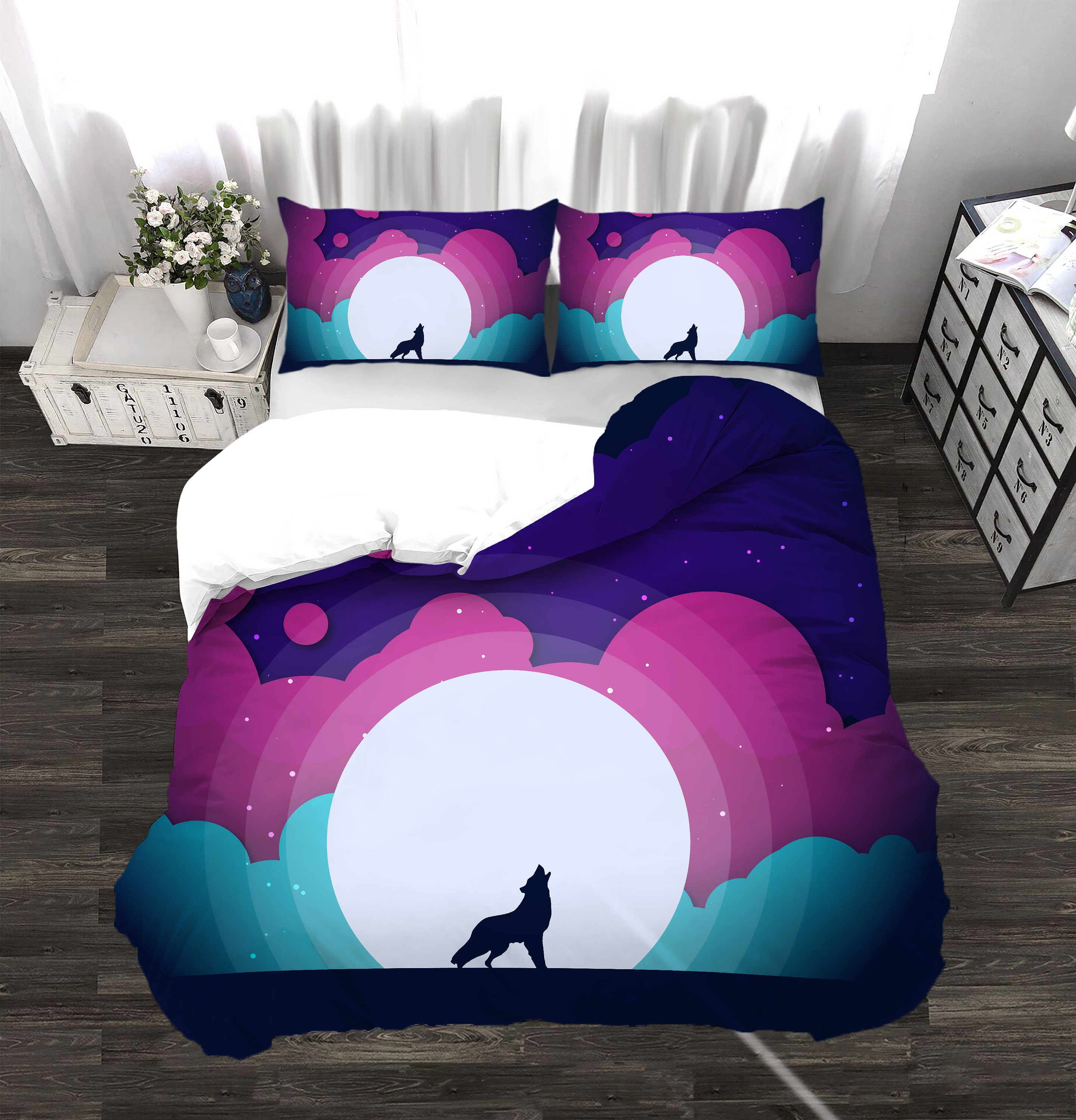 Queen Size 3D Wolf Bedding SetsUnique Cool Wolves on Moon Etsy