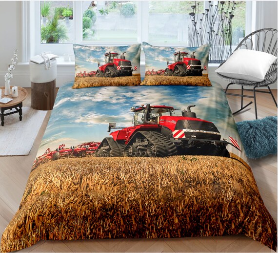 Red Tractor Duvet Cover Heavy Equipment Bedding Set for Kids Boys Girls Harvester Tractor Comforter Cover Farm Equipment Bedspread Cover Bedroom Collection 3Pcs Full Size 