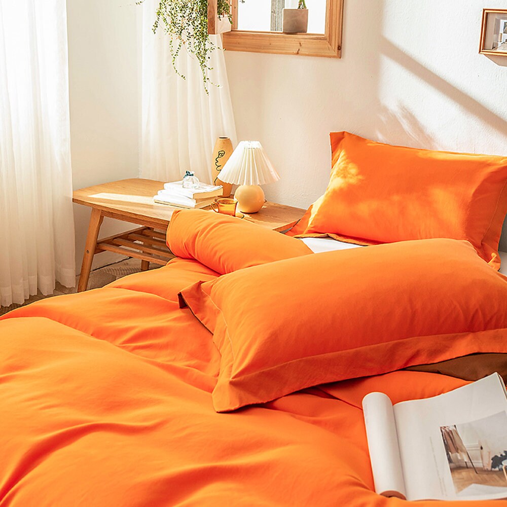Orange Duvet Cover Queen Size 100 Microfiber Solid Color 3 Etsy