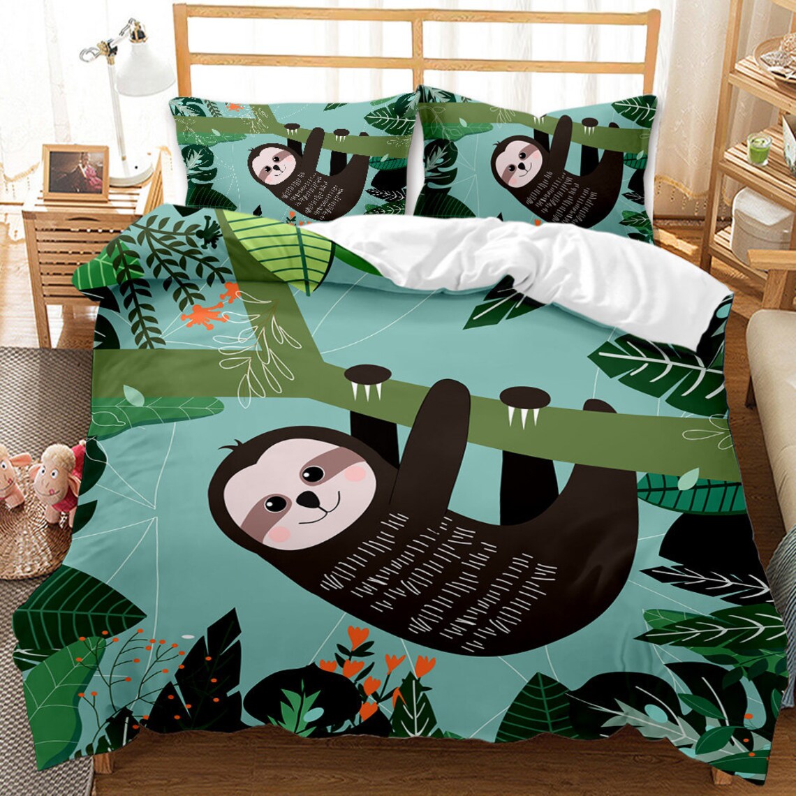 Cartoon Sloth Duvet Cover Leaf Plant Comforter Cover Cute Etsy