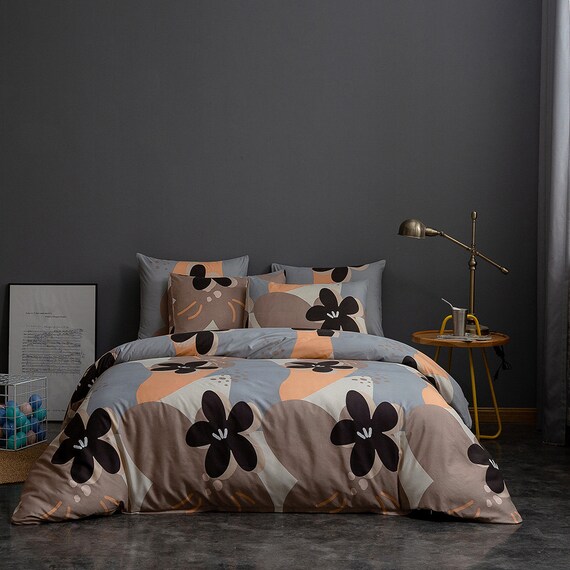 Black Floral Duvet Cover Set Flower 