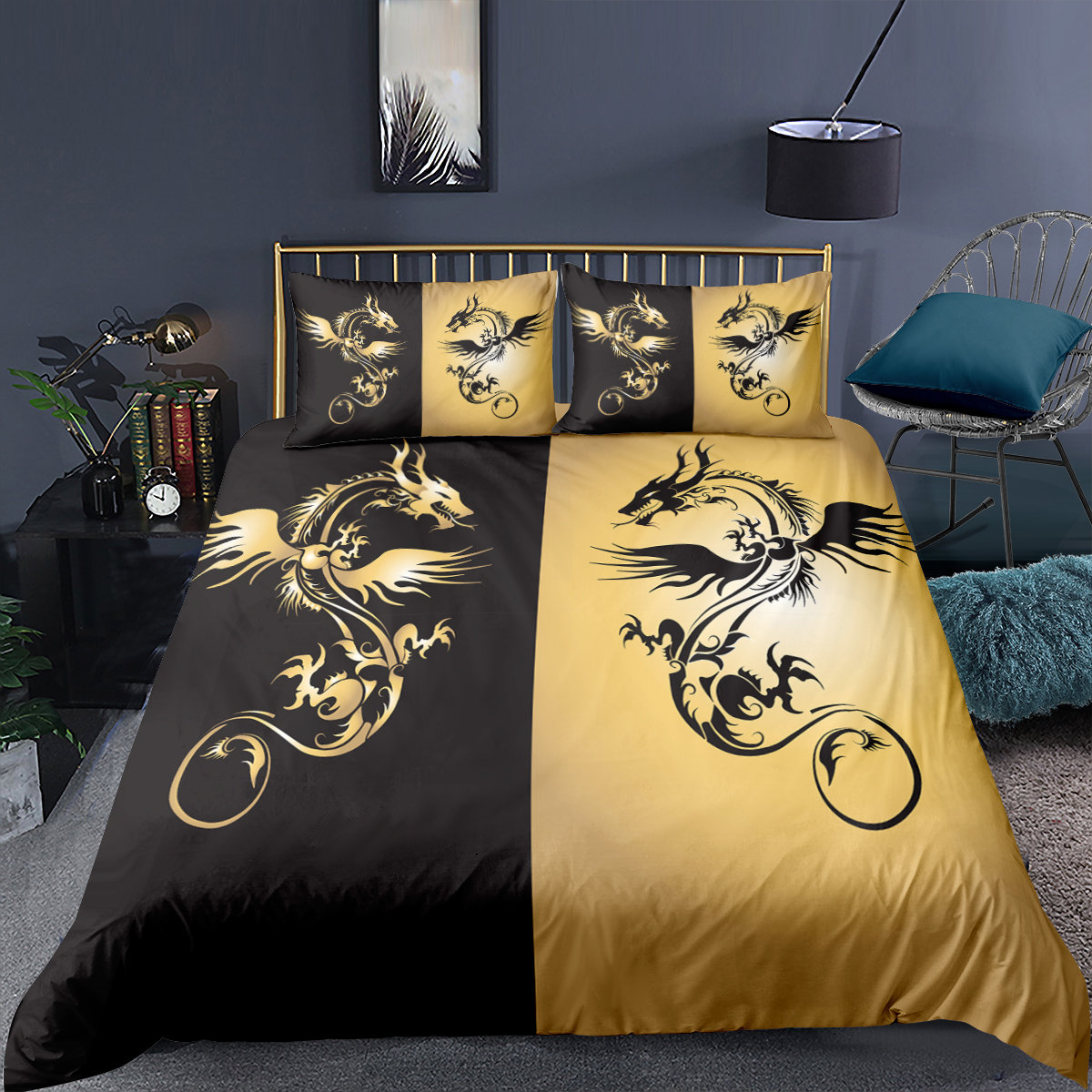 3 Piece Dragon Duvet Cover Setfor Kids Boys Black and Golden Etsy