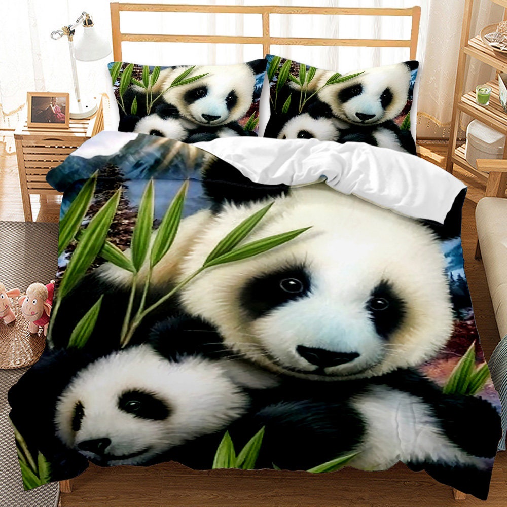 Panda Duvet Cover Set Cheerful Pandas With Bamboo Branch Etsy