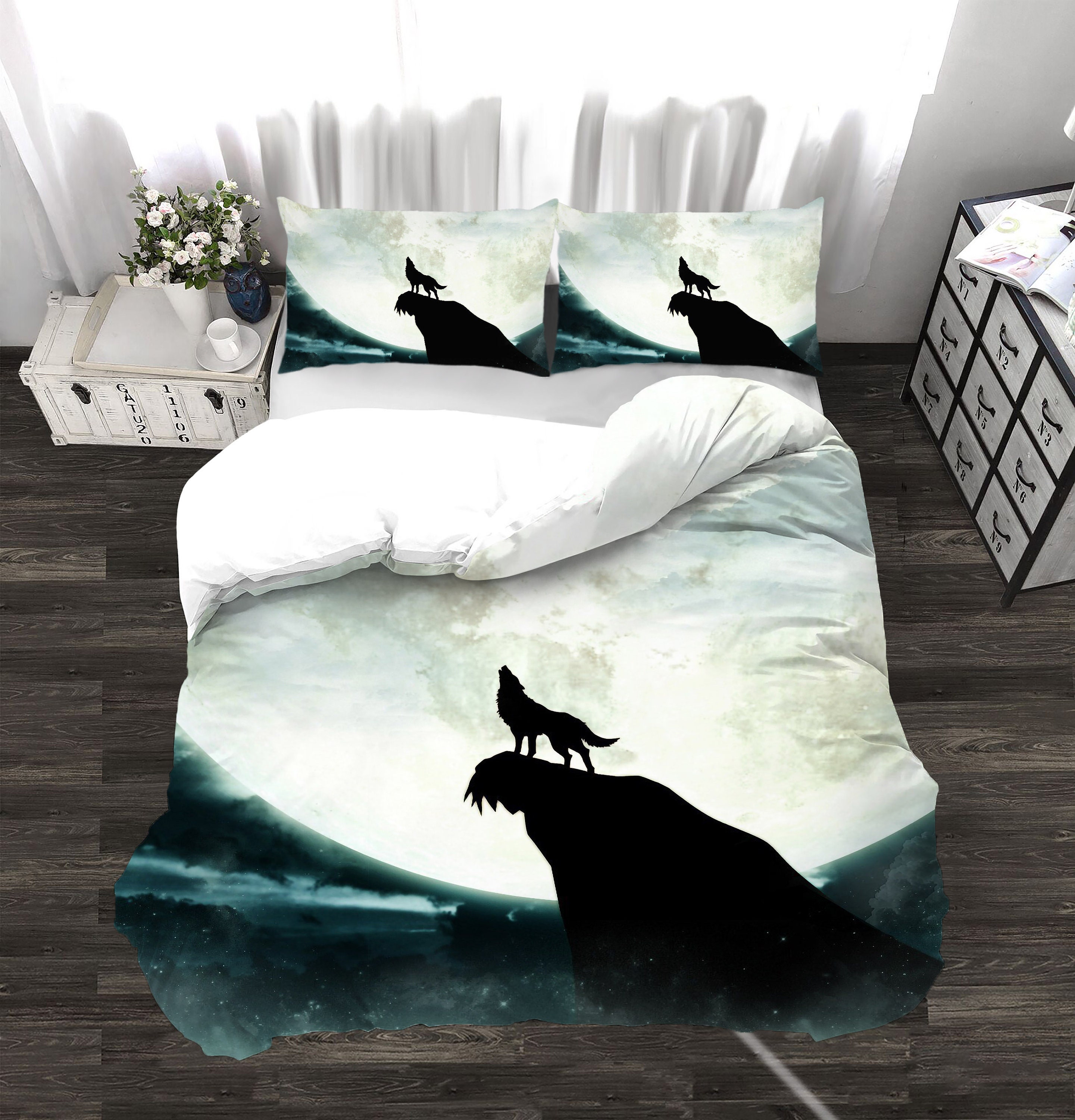 Wolf Comforter Cover Set Twin 3Piece Galaxy Moon Wolf Bedding Etsy