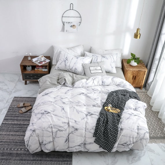 Soft King Duvet Cover Set White Marble3 