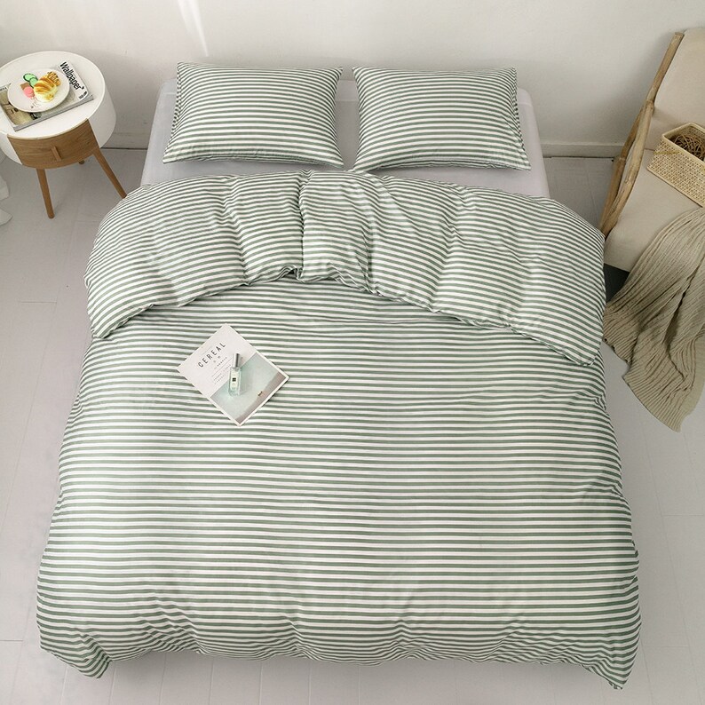 3 Pcs Striped Duvet Cover Set King Green Reversible Bedding Etsy