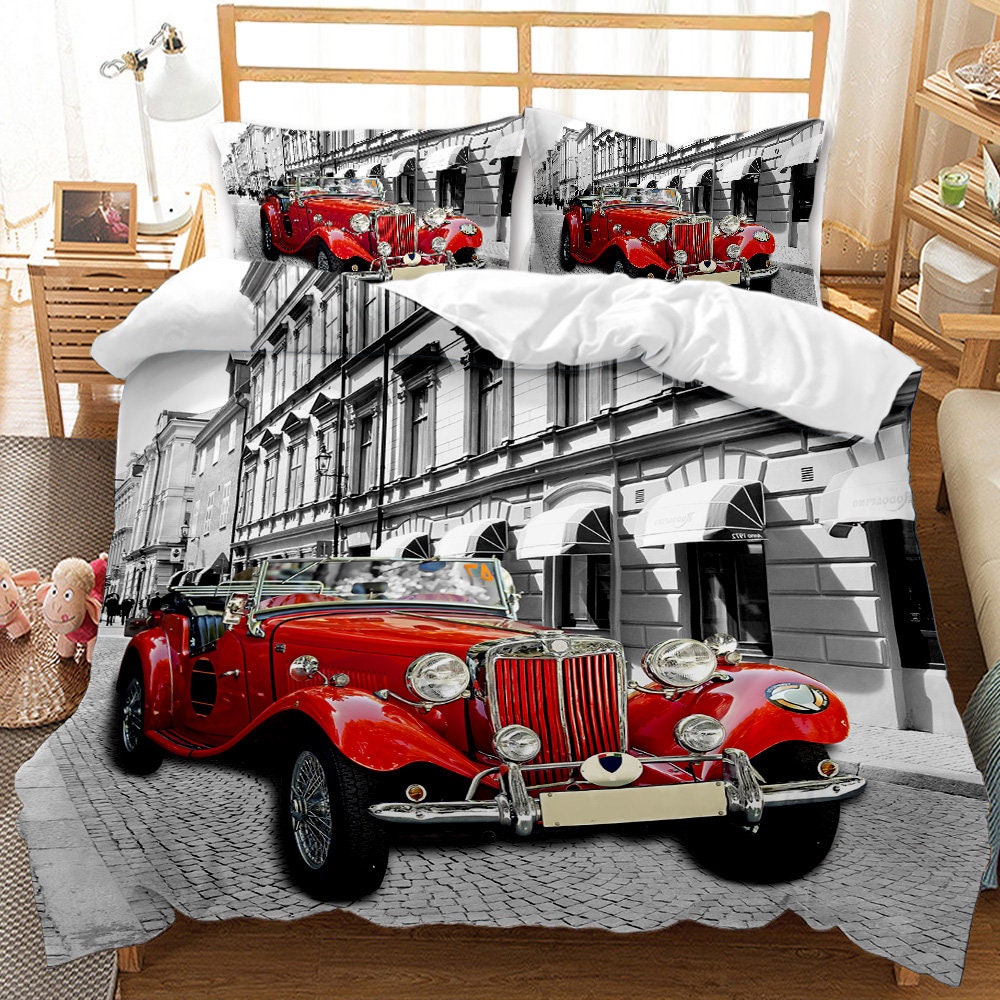 Emerald Orange Retro Car and Garage Advertising Poster Style Picture with Grunge Effects 1960s Floral Duvet Cover and Pillow Shams Bed Set LEO BON Cars Duvet Cover Set Queen Size