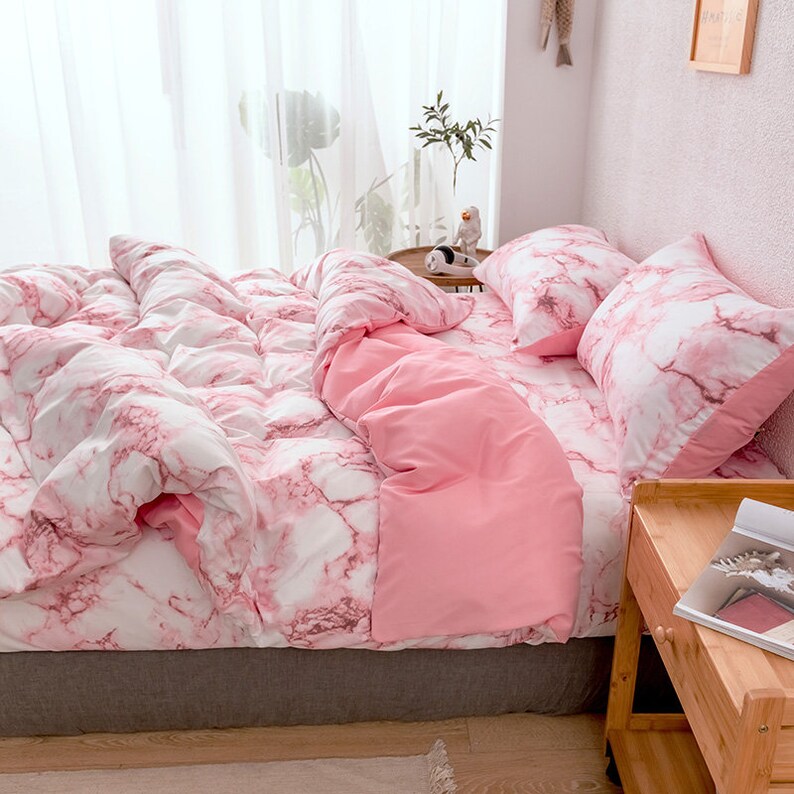 3 Pcs Marble Duvet Cover Set Queen Pink and White Bedding Etsy