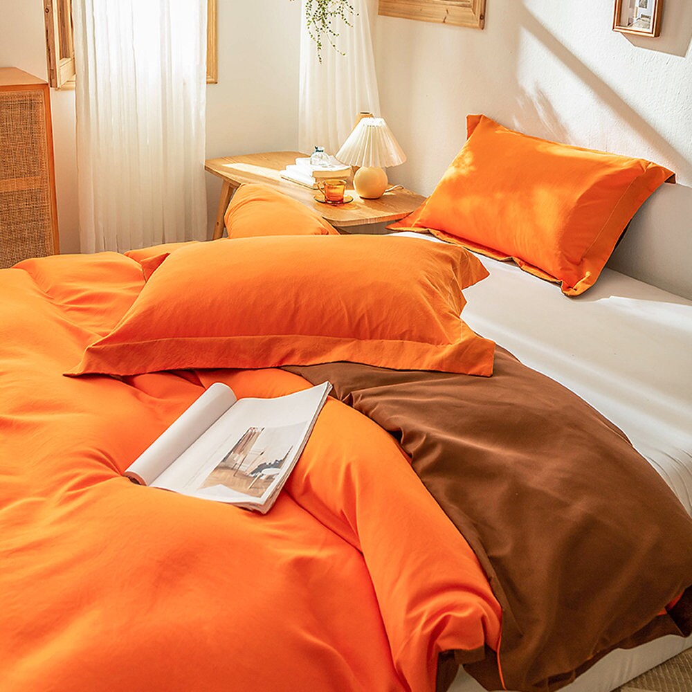 Orange Duvet Cover Queen Size 100 Microfiber Solid Color 3 Etsy