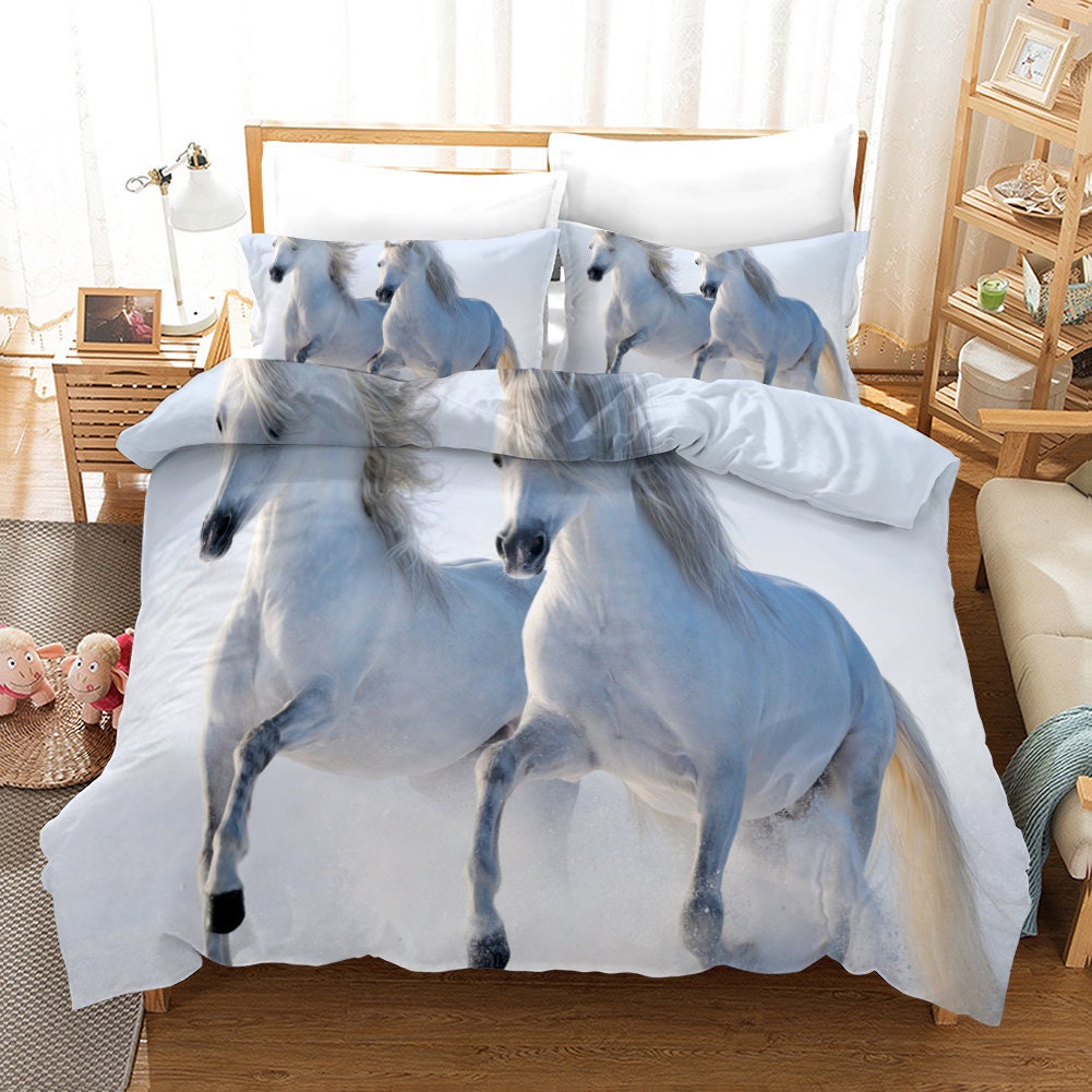 White Horse Duvet Cover Twin Set for Kids Teens Bedding Set Etsy
