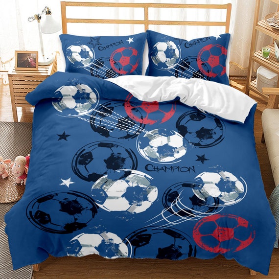 New Boys Red Blue Sports Soccer Football Basket Comforter Bedding Set Reversible 