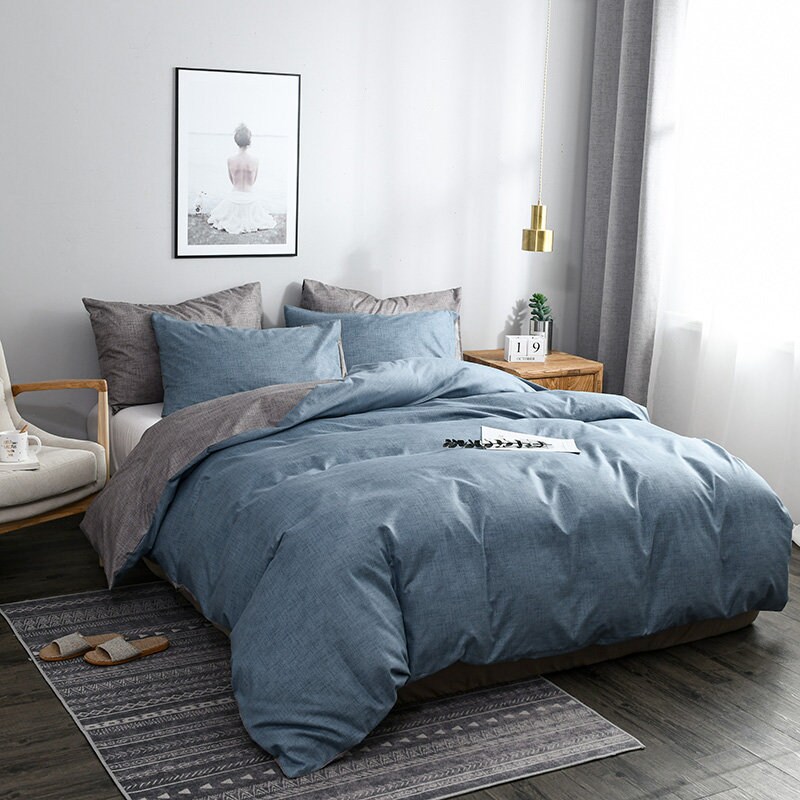 3 Pieces Blue Grey Chambray Duvet Cover Set King Size Modern Etsy
