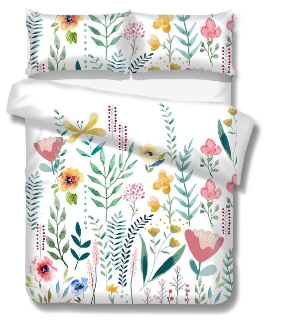 Floral Duvet Cover Queen Green Botanical Leaves on White Etsy