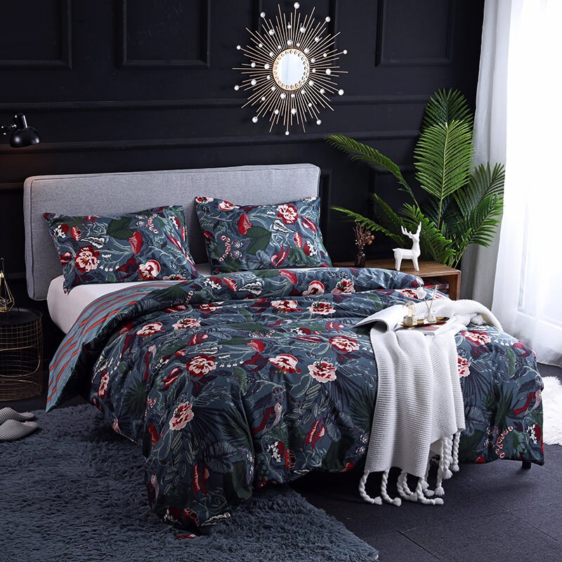 Dark Blue Boho Bedding Sets Queen Size Floral Bird Leaves Etsy