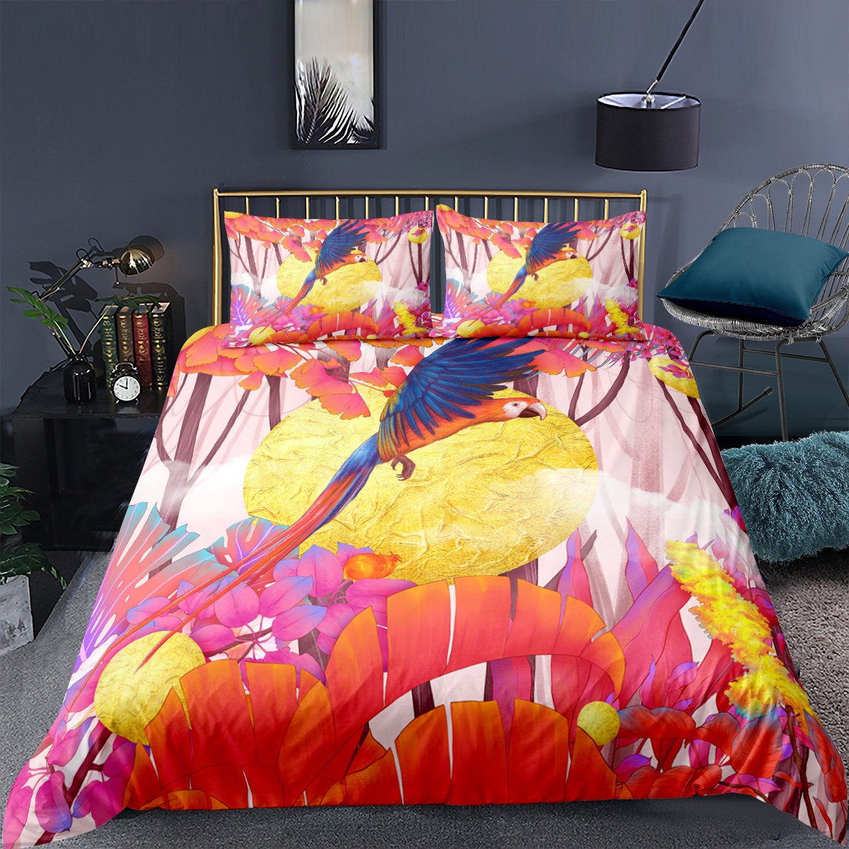 Bedspreads 3 Pcs Flowers and Birds Pattern Duvet Cover Garden Style Design Pink Bedding Quilt Cover Set with Zipper Closure Red Yellow Twin