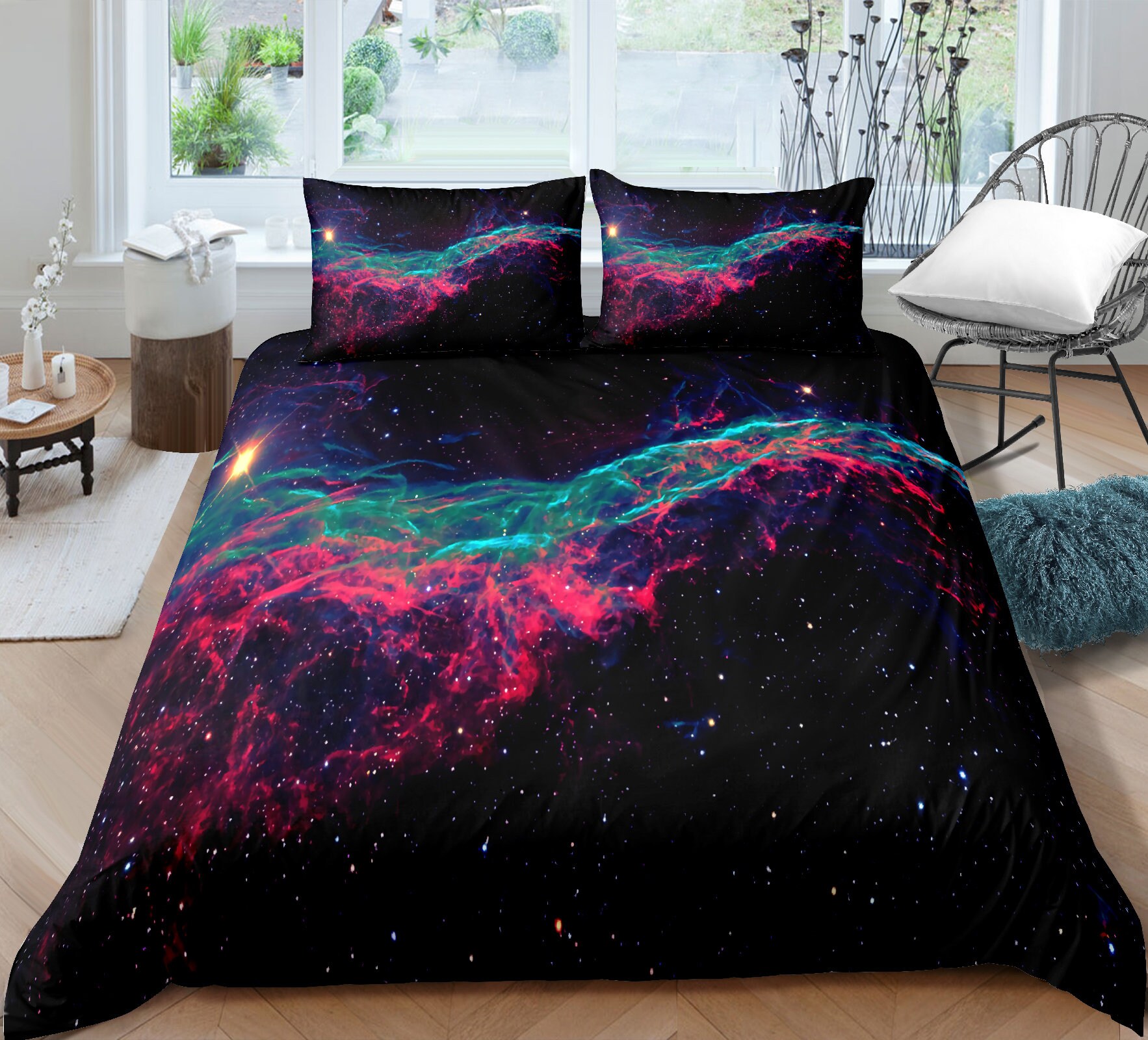 Bed Sheet Set Galaxy Stars Themed Bedding Set with Pillow Cases 