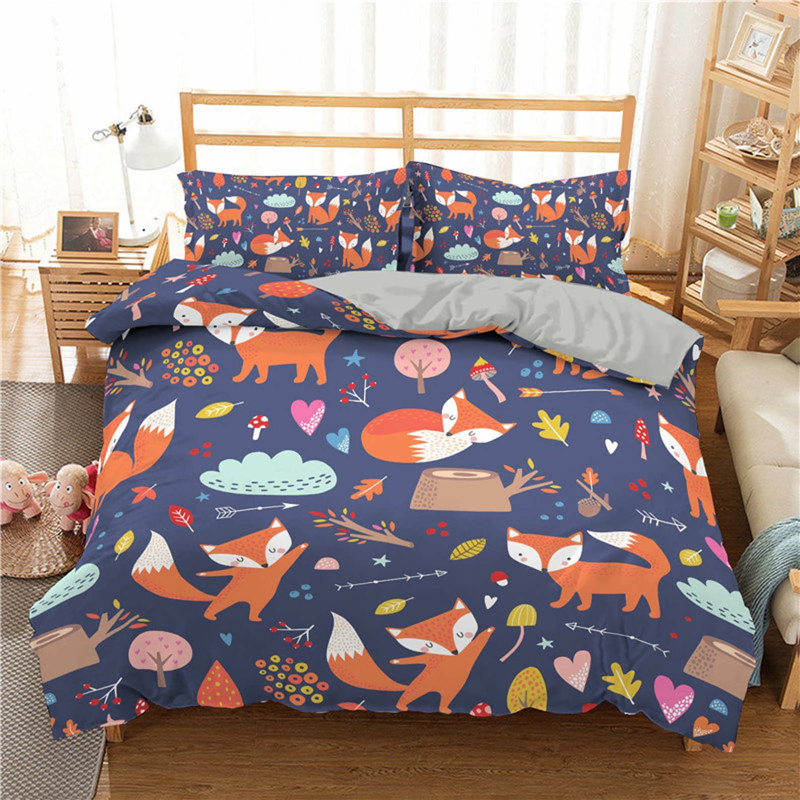 Fox Bedding Set King Forest Fruits Duvet Cover Romantic Orange Etsy