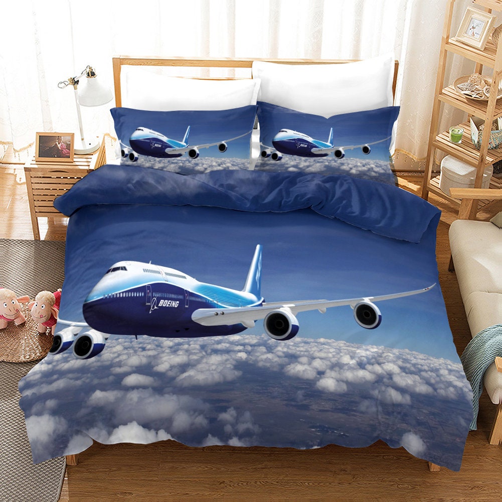 Plane Duvet Cover Queen Size White Clouds Blue Aircraft Flying Etsy