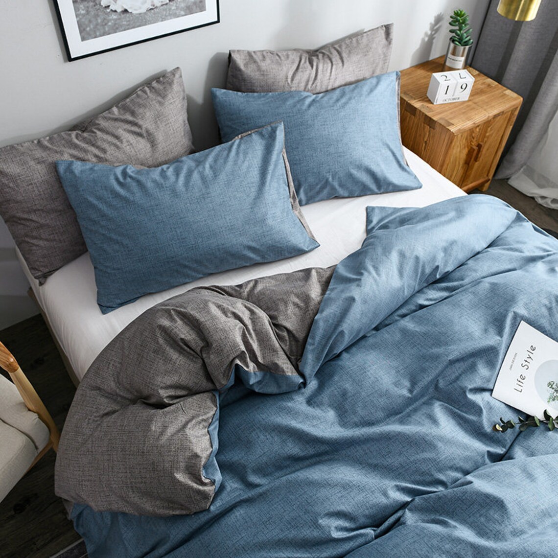 3 Pieces Blue Grey Chambray Duvet Cover Set King Size Modern Etsy