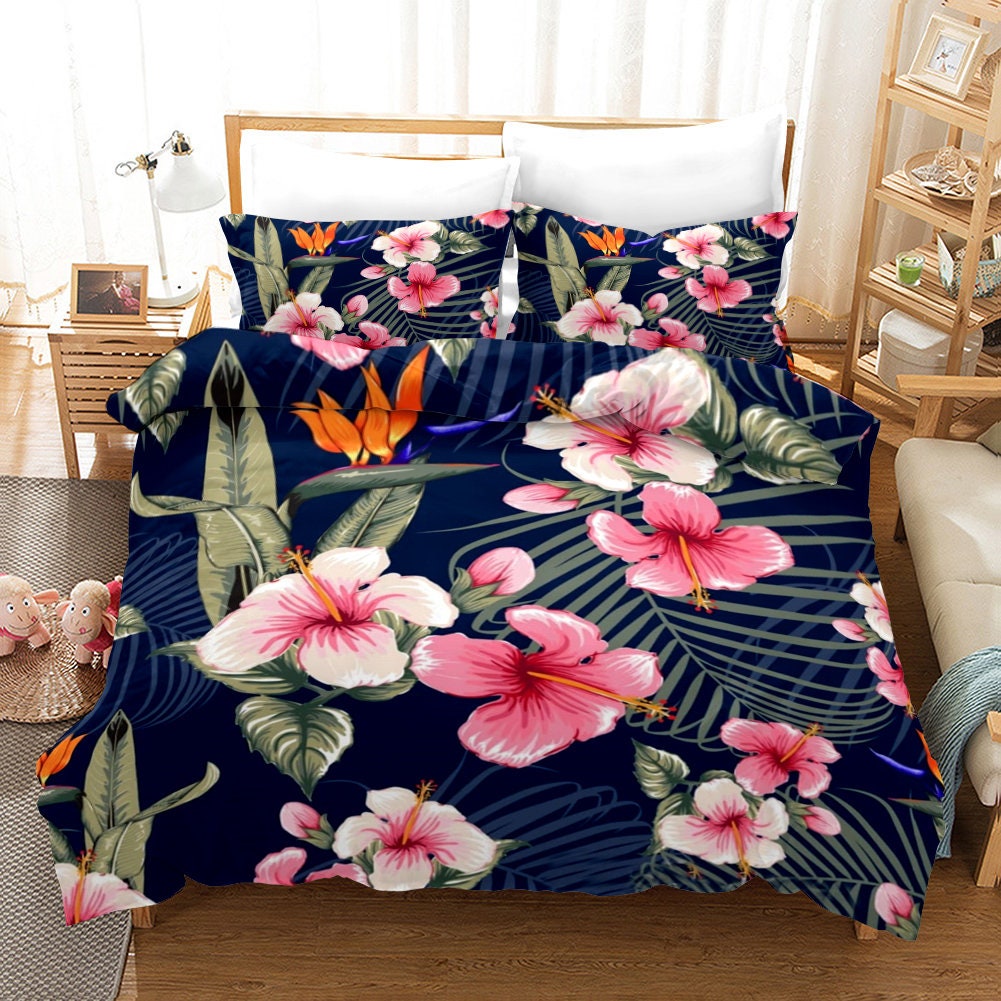 3 Piece Duvet Cover Set King Tropical Plant Flower Bedding Set Etsy
