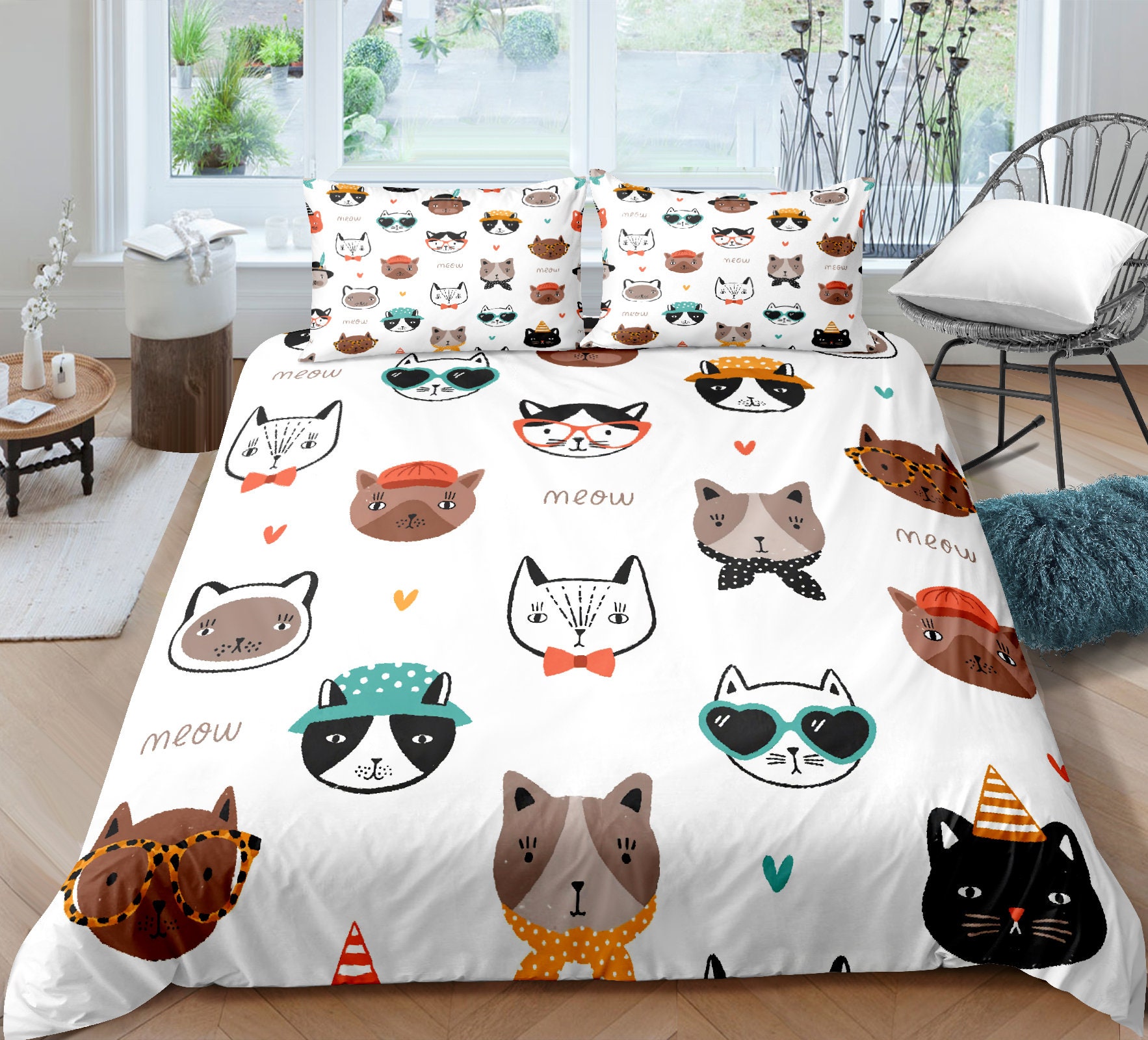 Cat Duvet Cover Set Pattern With Hipster Playful Feline Etsy UK