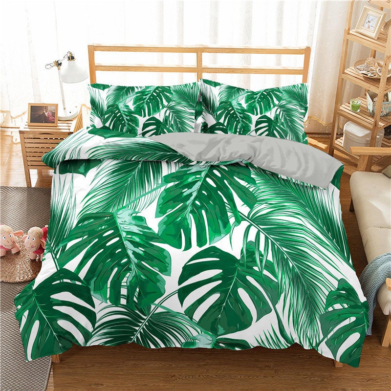 3 Pieces Duvet Cover Set Queen Green Tropical Plants Bedding Set 1 Banana Leaves Print  Zipper Ties 2 Pillowcases Hotel Quality Soft Single