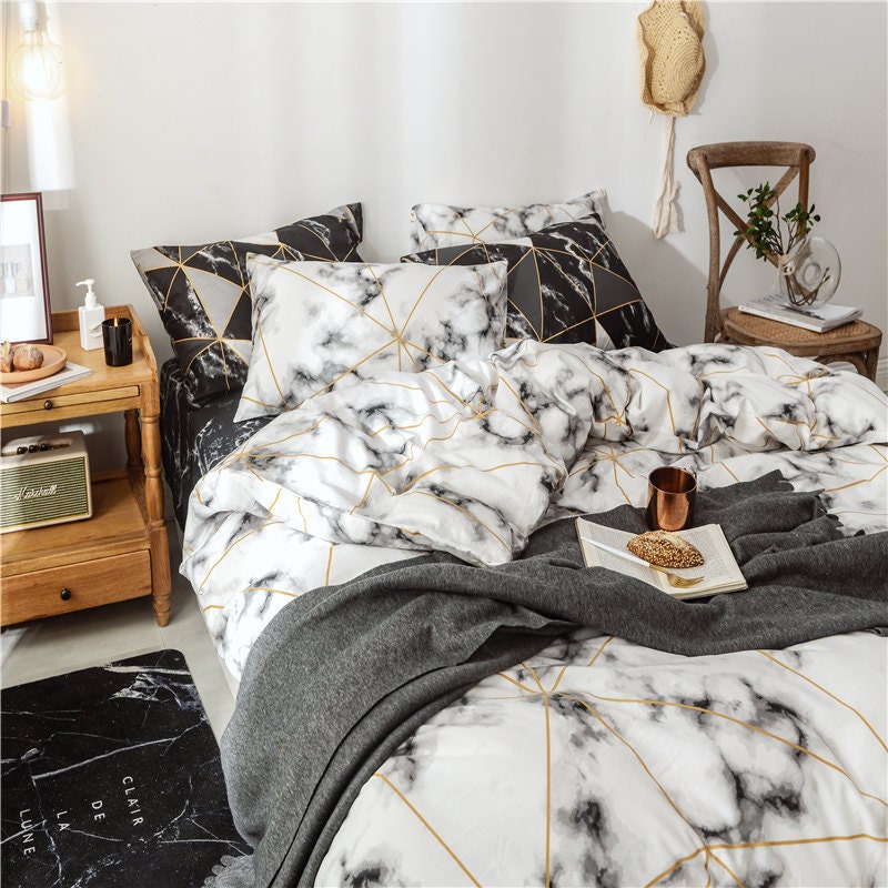 White Marble Duvet Cover Queen Black and White Bedding Set Etsy