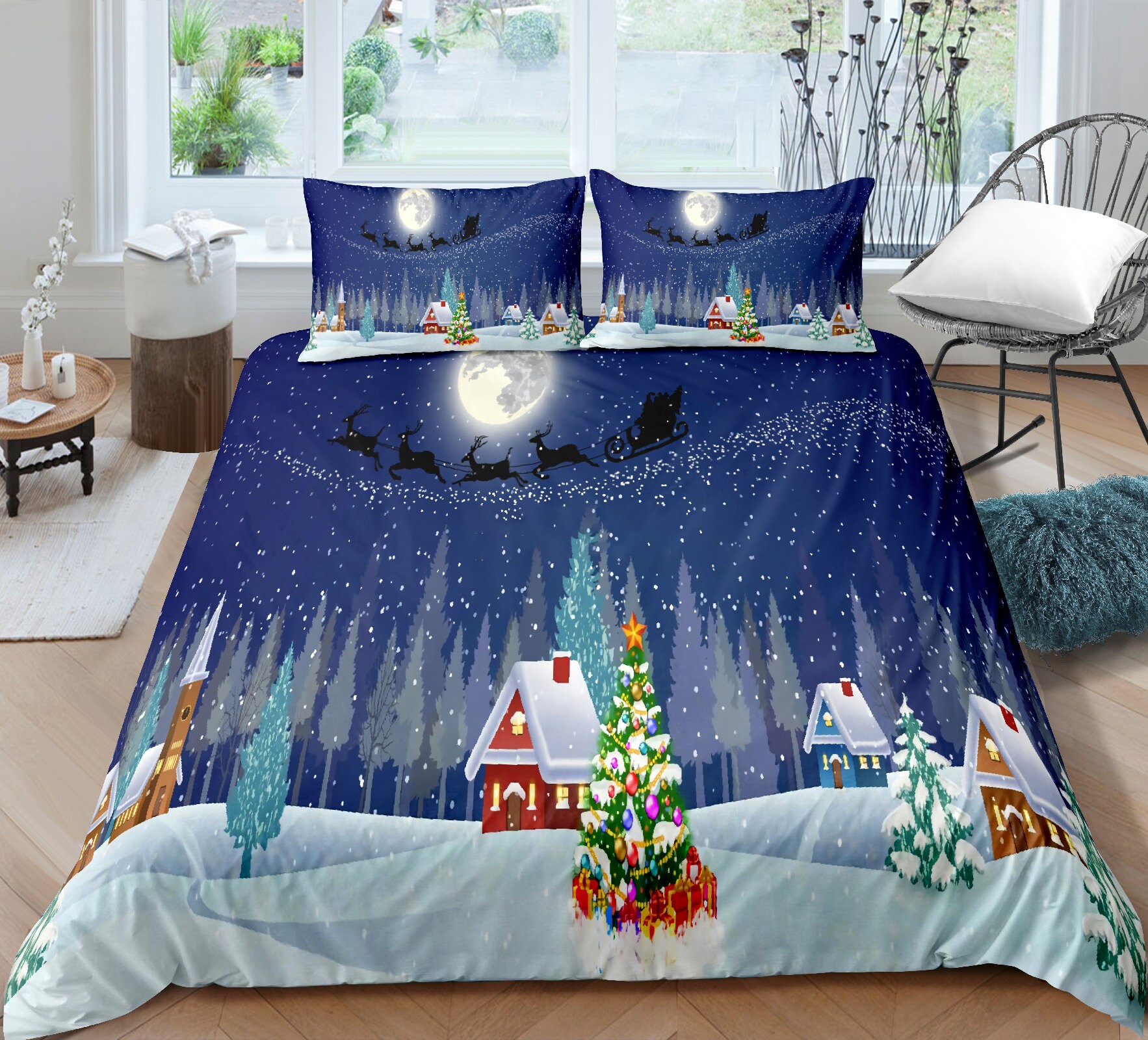 Christmas Duvet Cover Set Watercolor Christmas Theme Fir Etsy