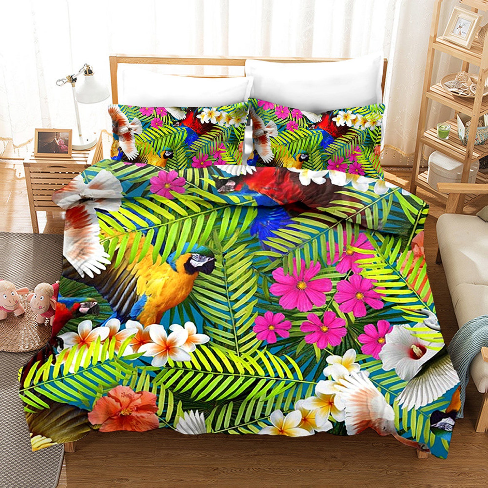 3 Pieces Tropical Flower Palm Leaves Design Bedspread Cover Etsy