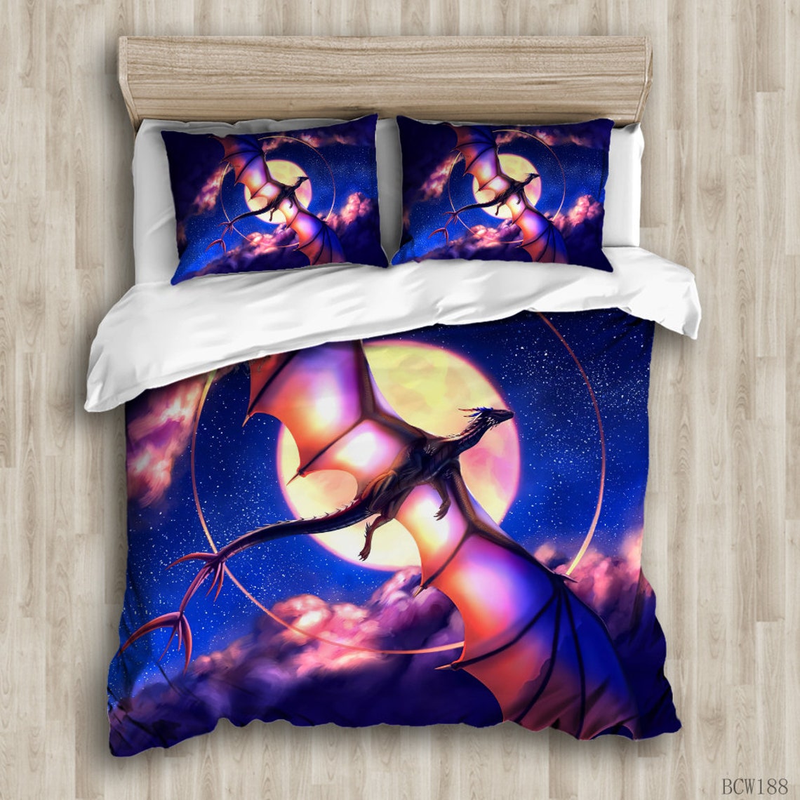 Dragon Bedding Set King Size Comforter Cover Flying Moon Blue Etsy