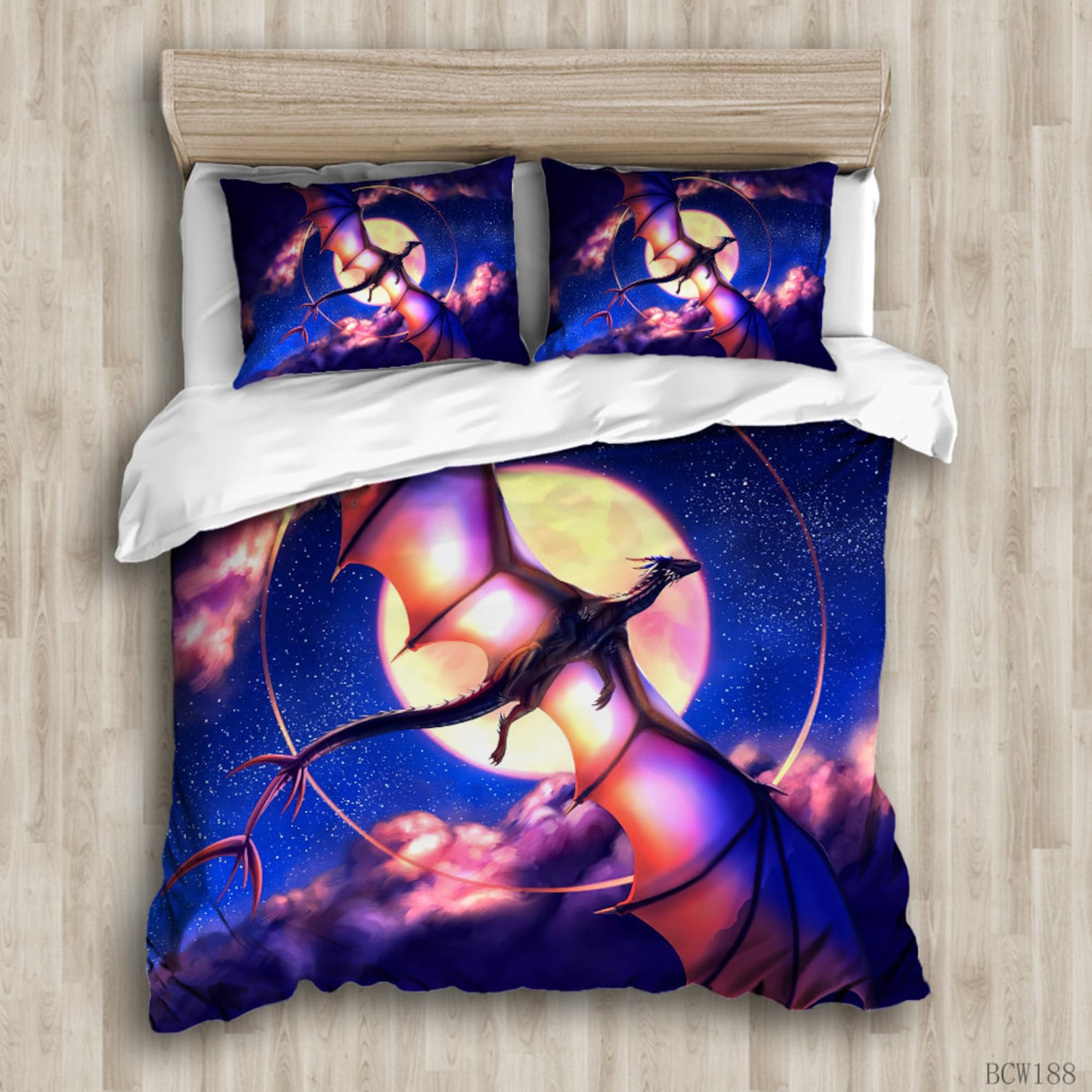 Dragon Bedding Set King Size Comforter Cover Flying Moon Blue Etsy