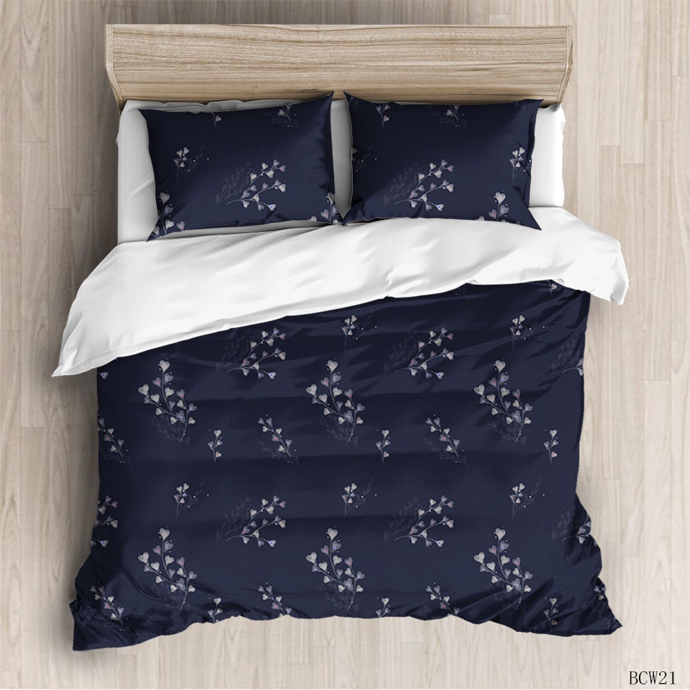 Flowers Duvet Cover Queen Soft Navy Blue Print Bedding Set Etsy