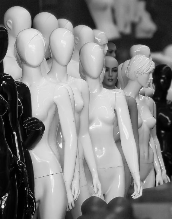 The Stand-Ins – Fine Art Black and White Photograph of Mannequins, Surreal Minimalist Composition