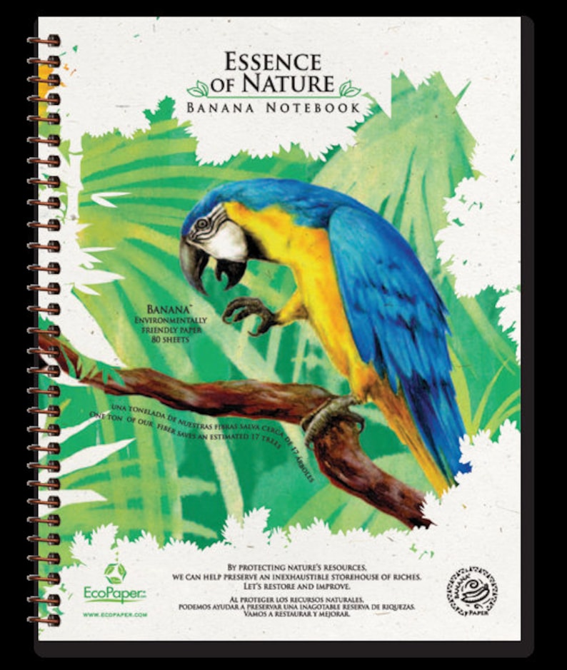 May include: A spiral-bound notebook featuring a vibrant illustration of a blue and yellow macaw. The cover displays the text "Essence of Nature Banana Notebook" and "Banana Environmentally Friendly Paper 80 Sheets". The notebook is made with eco-friendly paper.