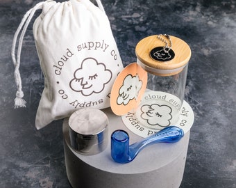Bamboo Stash Jar Herb Grinder Sherlock Smoking Pipe Kit: Blue Glass Hand Pipe and Travel Bag Gift Set