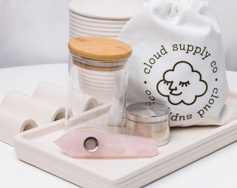 Rose Quartz Crystal Smoking Stone Pipe Kit: Cute Heady Hand Pipe, Herb Grinder, Bamboo Stash Box Jar, Rolling Tray, and Travel Bag Gift Set
