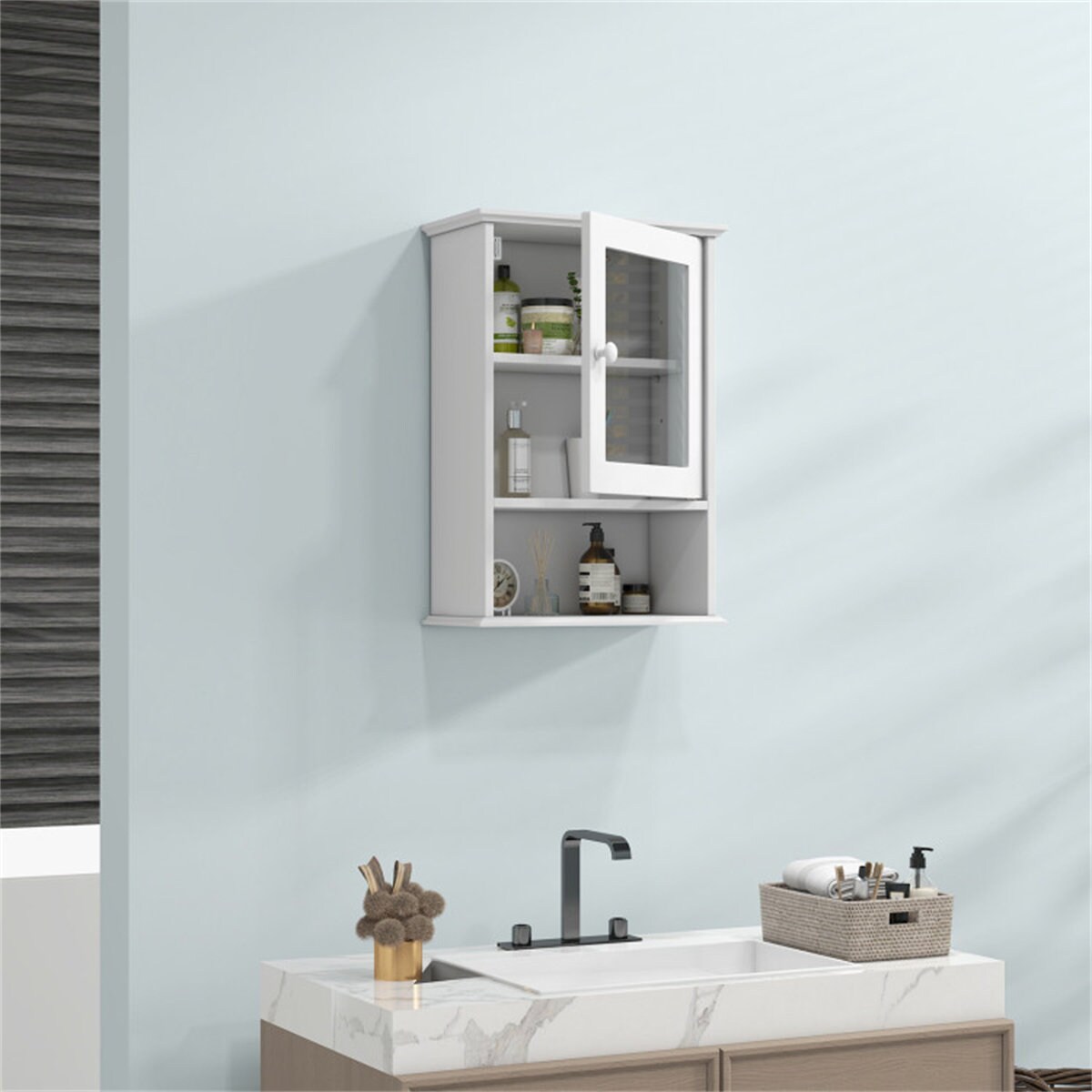 White Bathroom Wall Cabinet, White Lacquer Wall Mount Cabinet With Open Shelf, Floating Storage ...