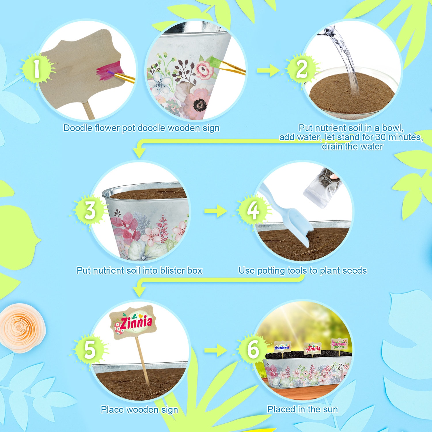 Ushine Gardens Flower Growing Kit for Girls and Boys Ages 6 Zinnia