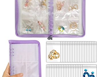 Jewelry Organizer Travel, Transparent Jewelry Storage Book 60 Anti-Oxidation PVC Bags for Necklace Earrings Rings Bracelet Postcard Purple