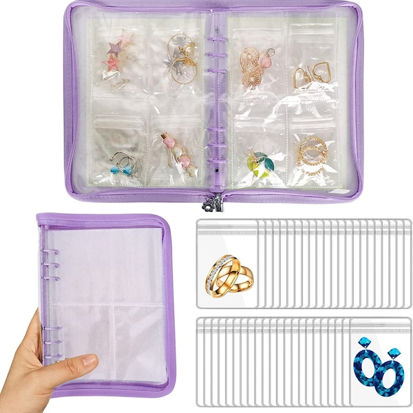 Jewelry Organizer Travel, Transparent Jewelry Storage Book 60 Anti-Oxidation PVC Bags for Necklace Earrings Rings Bracelet Postcard Purple