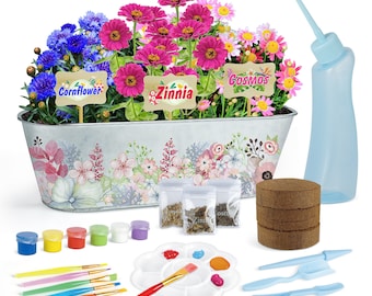 Custom- Gardens Flower Growing Kit for Girls and Boys Ages 6+ Zinnia/Cosmos/Cornflower Flowers Grow Your Own Garden - Best Gardening Gifts